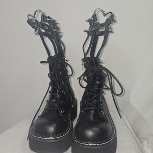 Demonia Emily-357 Black Platform Combat Boots Spikes Harness Punk Goth Sz 7-7.5